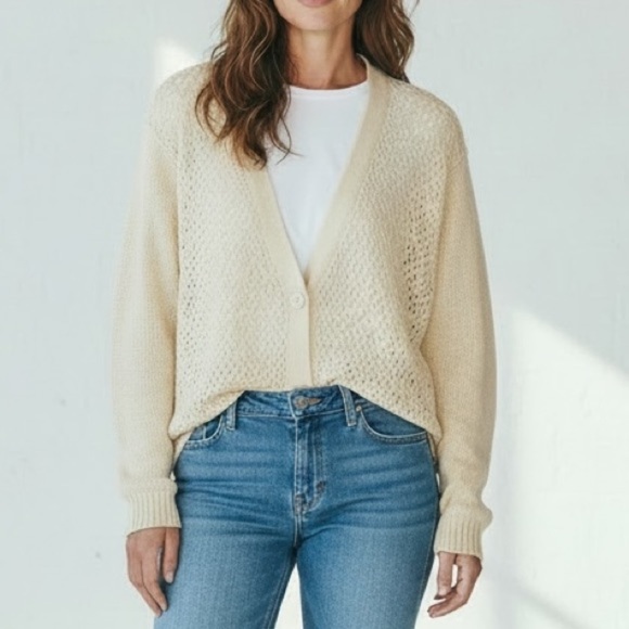 American Weekend Sweaters - Vintage 90s cream cotton floral crochet knit cardigan open weave cardigan Boho